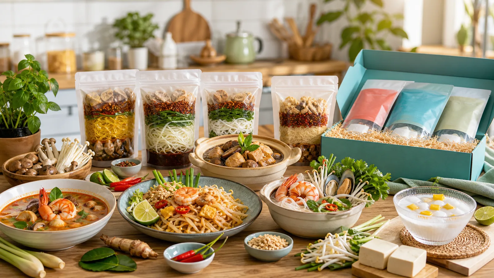 Generated Thai pantry table with meal-kit pouches, Tom Yum, Pad Thai, Pa-Lo, seafood noodles, jasmine agar dessert, herbs, and an export gift box