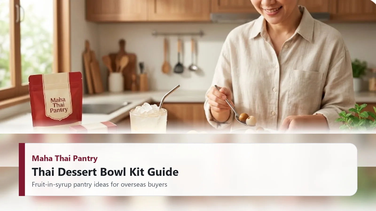 Warm photorealistic cafe-at-home image of Thai dessert bowls, fruit-in-syrup pantry products, and a Maha Thai Pantry kit setup.