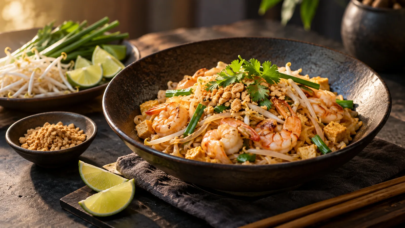 Unbranded bowl of Pad Thai-style rice noodles with lime, bean sprouts, chives, and crushed peanuts on a refined dark dining table, premium photorealistic editorial scene without text or logos