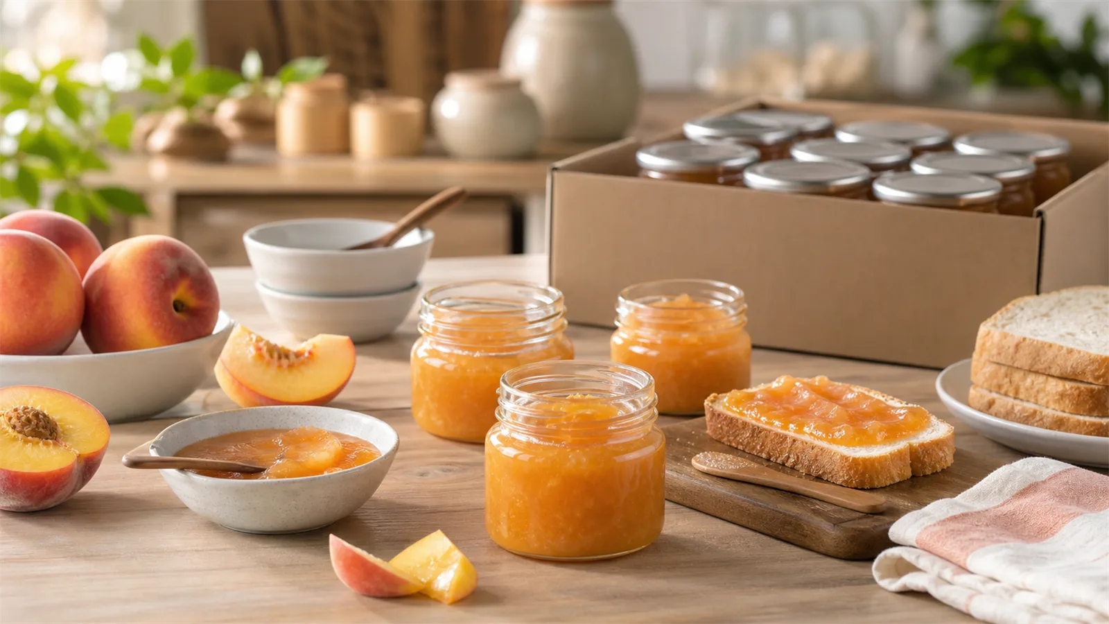 Unbranded peach spread jars on a Thai pantry tabletop with toast, peaches, bowls, and a plain case