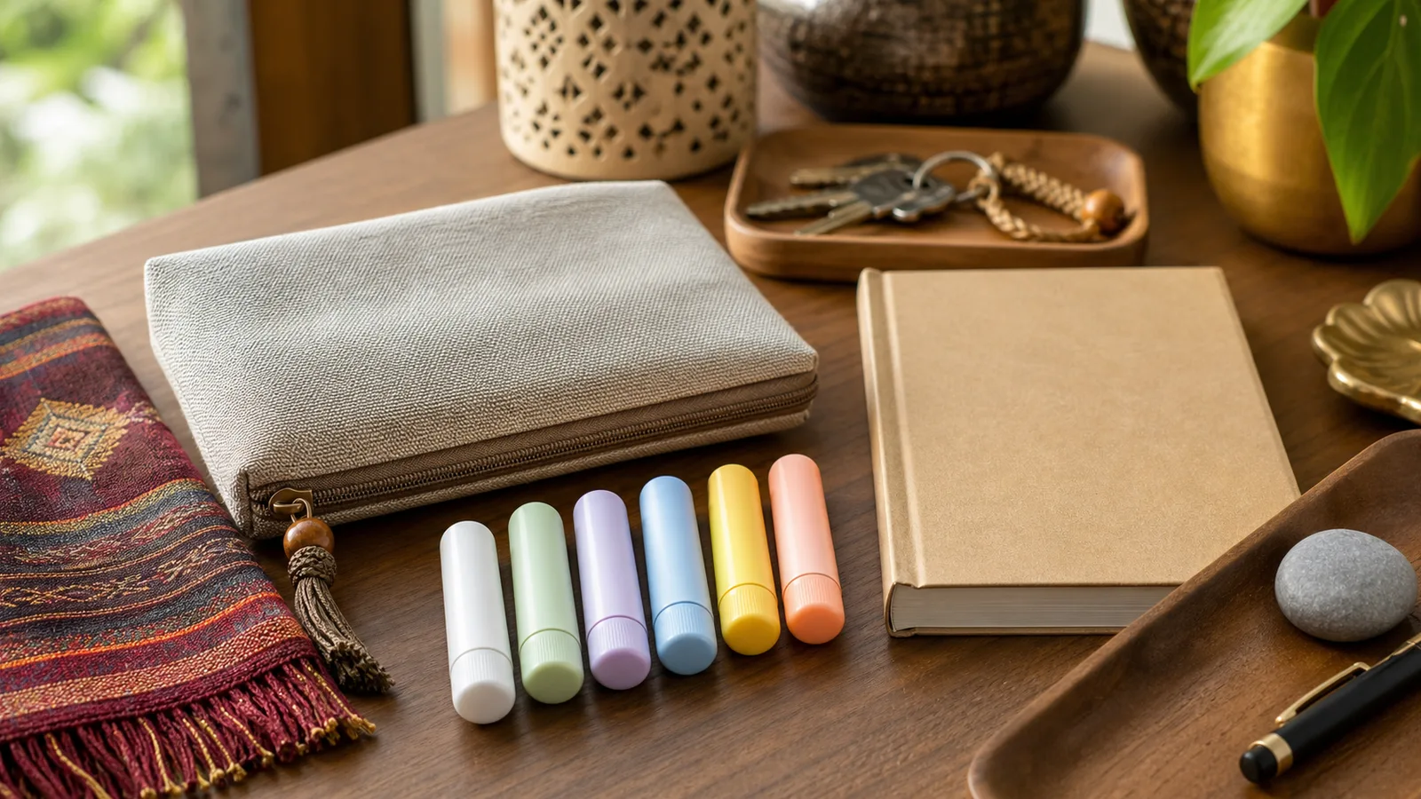 Six assorted aromatic inhalers arranged with a travel pouch, notebook, and tidy everyday carry items