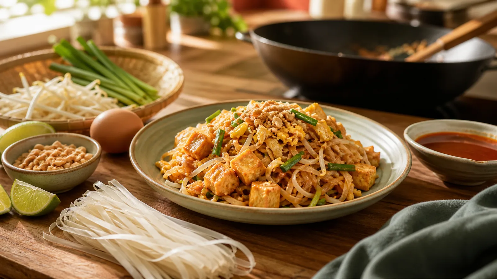 Unbranded Pad Thai meal-prep scene with rice noodles, cooking sauce, tofu, egg, bean sprouts, chives, lime, and peanuts