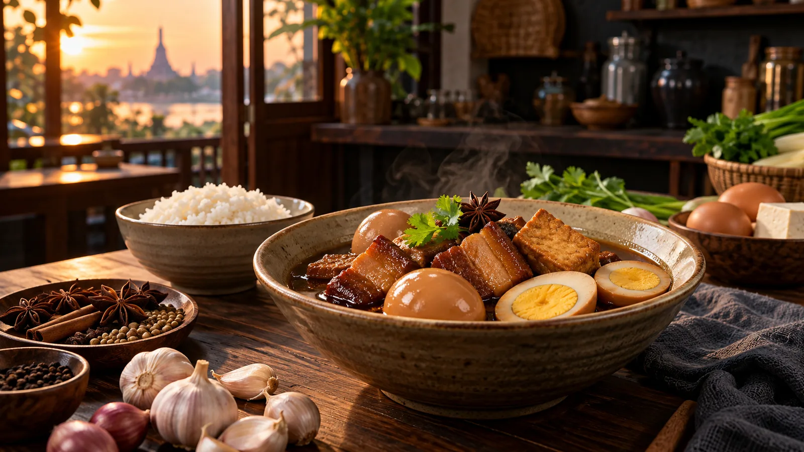 Editorial Thai home-kitchen scene with a warm bowl of five-spice-style braise, eggs, tofu, herbs, and neatly arranged pantry ingredients