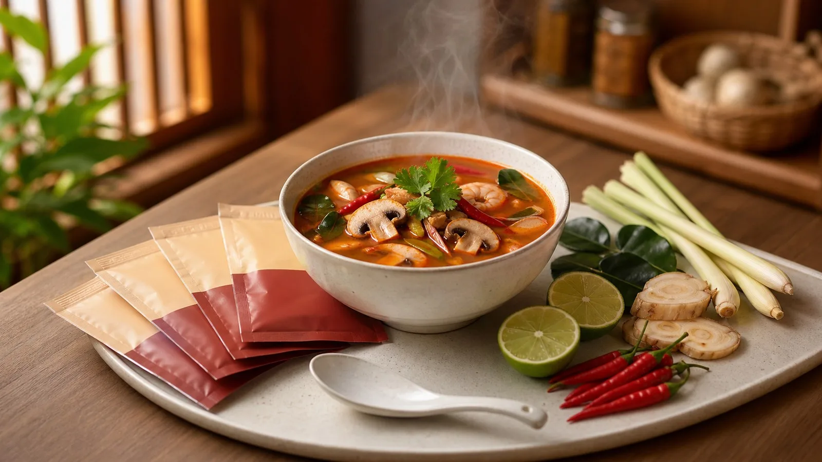 Photorealistic warm Thai pantry tabletop with generic tom yum paste packets, soup bowl, lemongrass, lime leaves, chili, and ceramic spoon