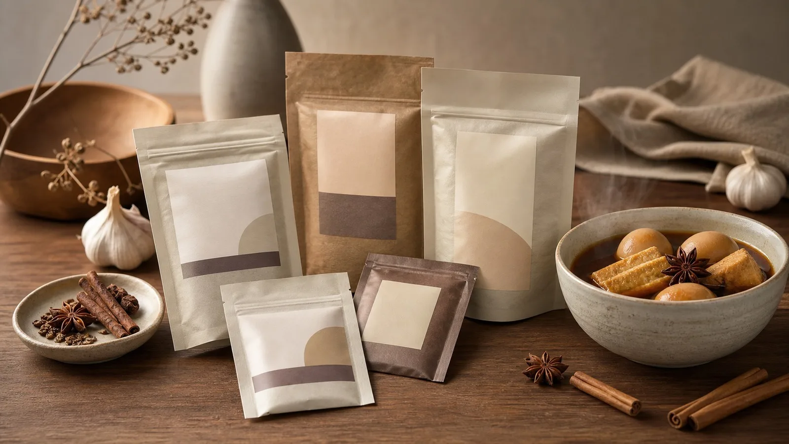 Warm photorealistic Thai Pa-Lo pantry meal scene with generic seasoning pouches and a small serving bowl