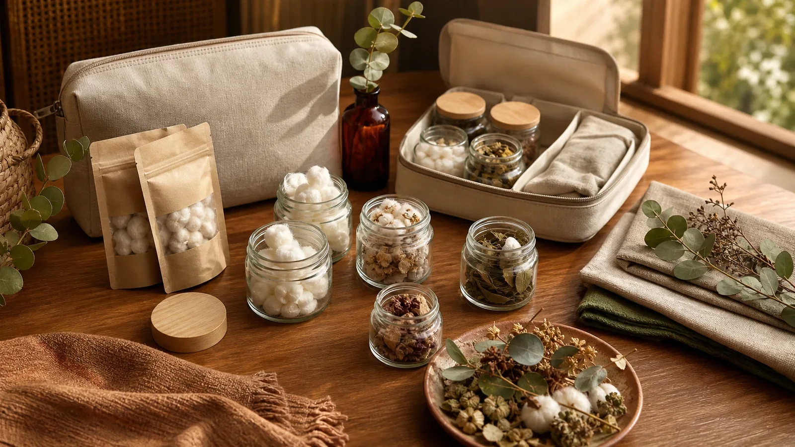 Premium travel and desk organization scene with Thai botanical wellness jars arranged neatly in warm natural light