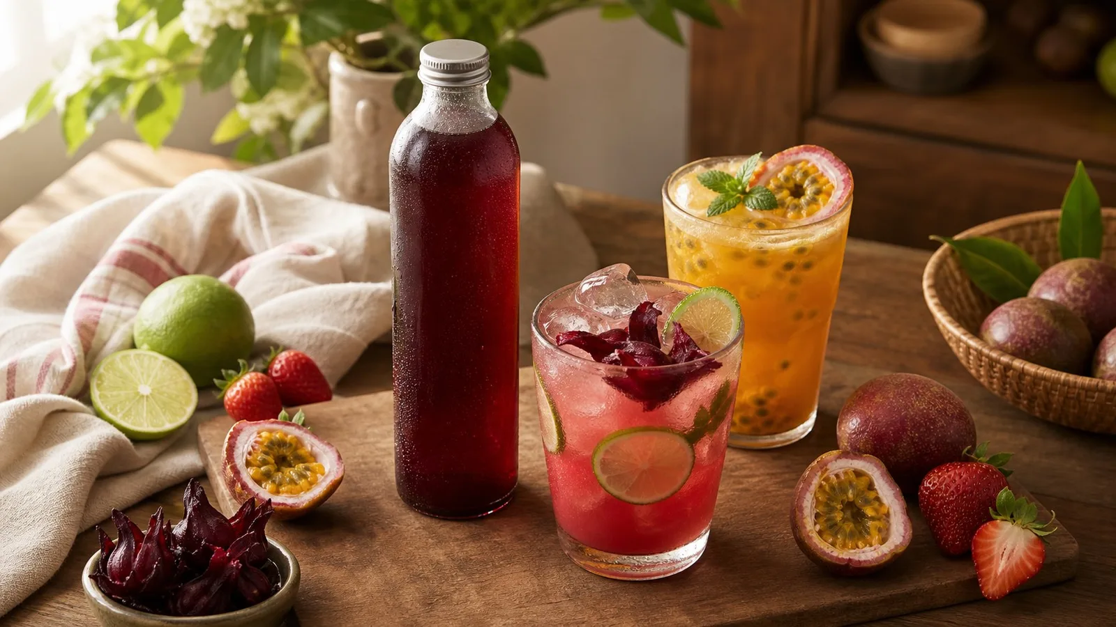 Premium warm tabletop scene with generic fruit squash bottles and colorful iced fruit drinks