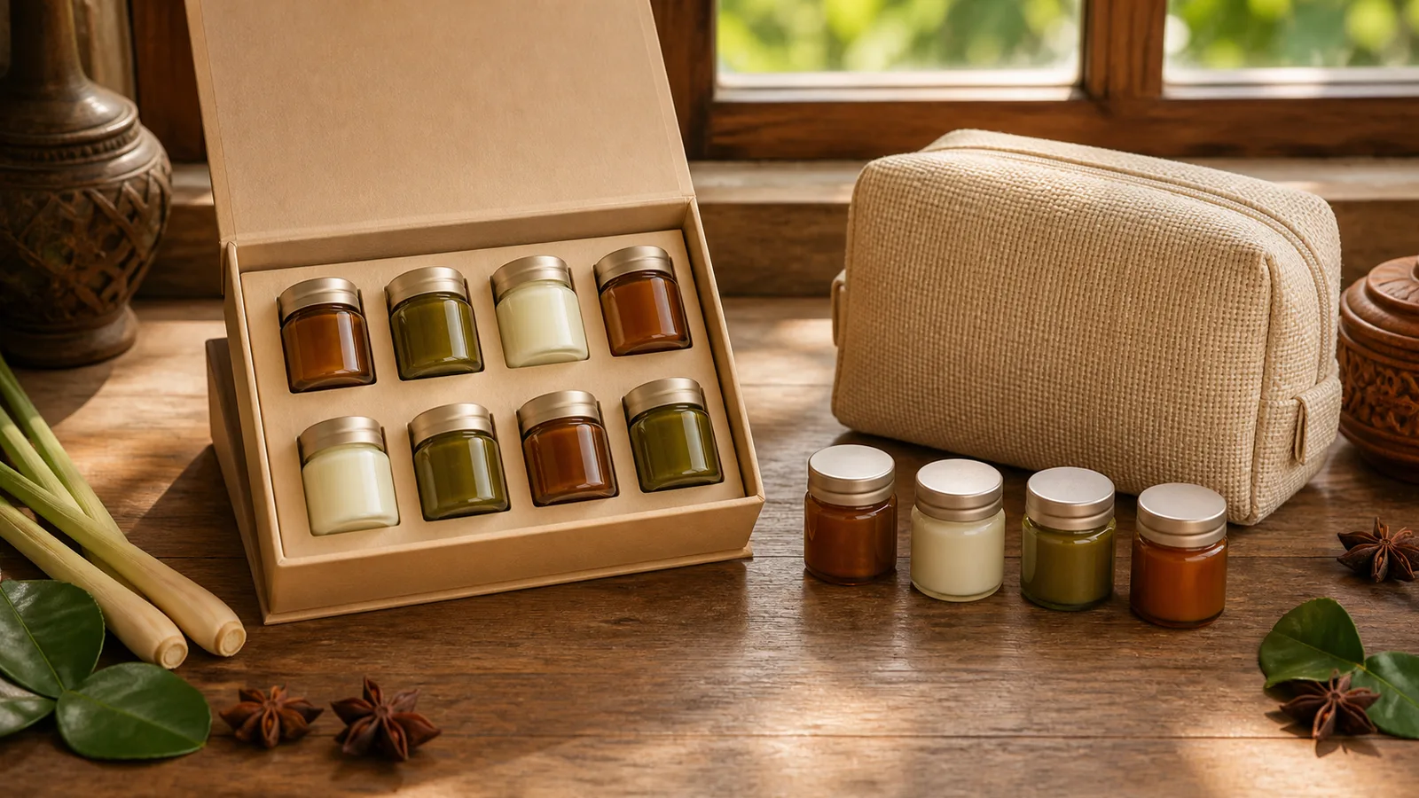 Premium photorealistic Thai pantry travel gift scene with generic aromatic jars for Maha Thai Pantry guide