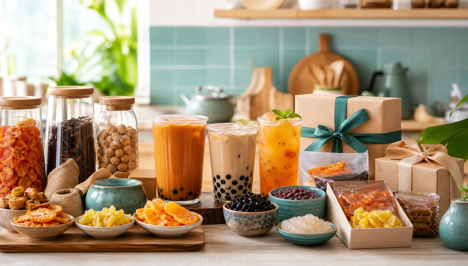 Generated Thai cafe-at-home gift box scene with tea drinks, boba ingredients, fruit snacks, and pantry bundles