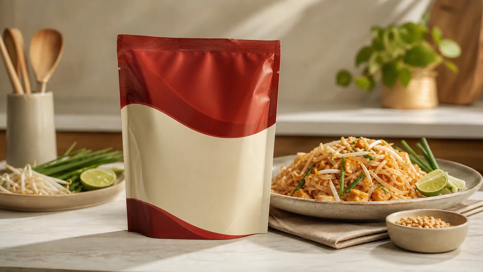 Premium warm tabletop scene with a generic red cream sauce pouch and prepared Pad Thai serving