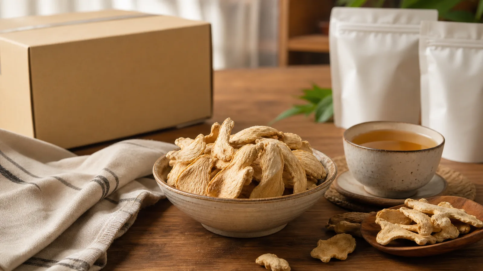 Premium photorealistic Thai pantry tabletop with ginger pieces, small bowls, tea cup, neutral cloth, and plain cartons