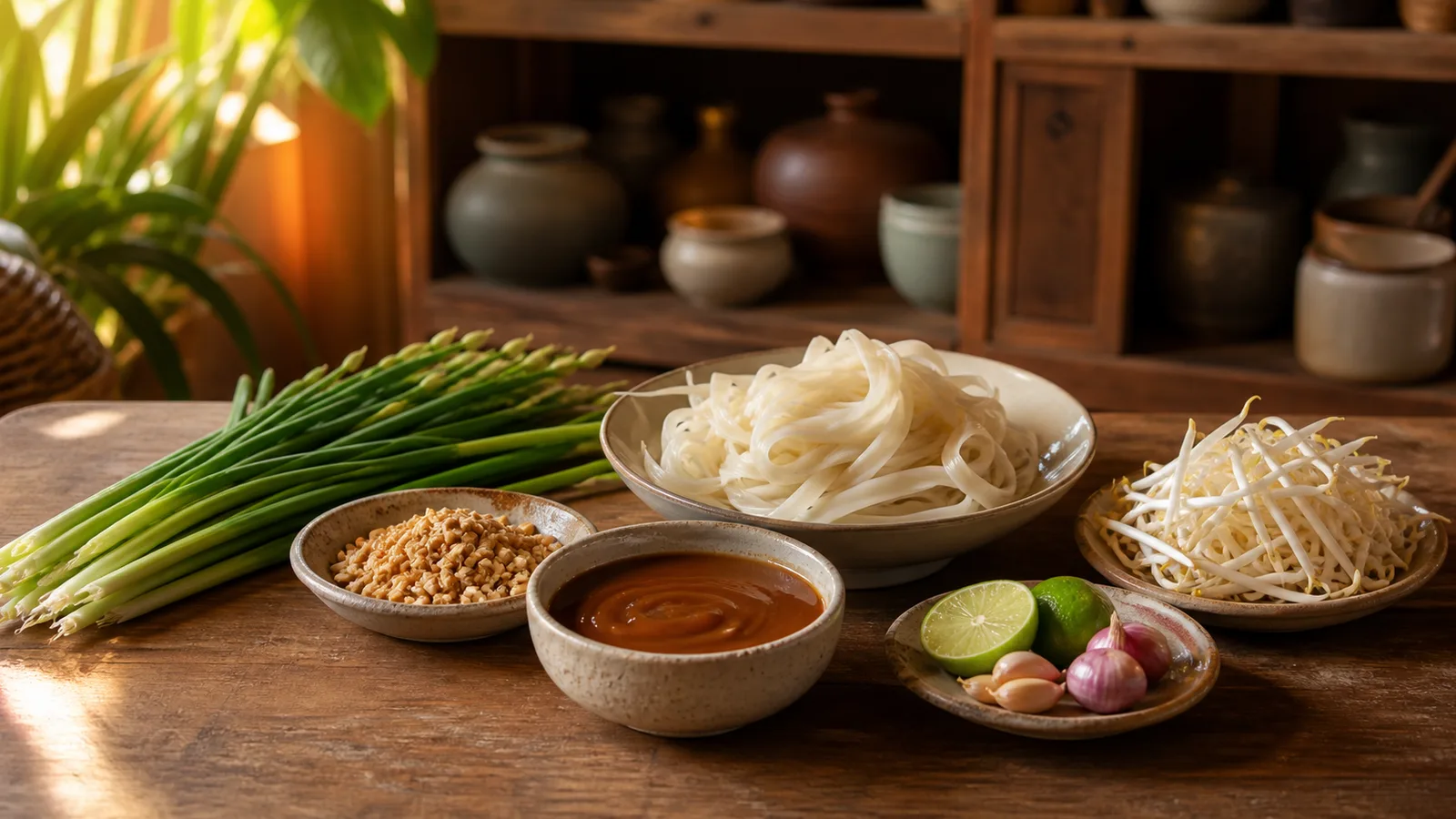 Photorealistic Thai pantry tabletop with rice noodles, tamarind-style sauce, roasted peanuts, bean sprouts, chives, and simple bowls