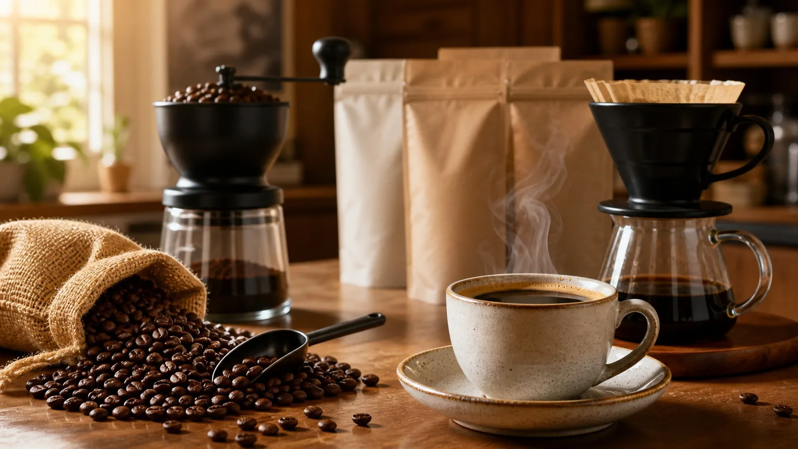 Photorealistic cafe-at-home coffee scene with whole beans, coffee bags, and pour-over equipment