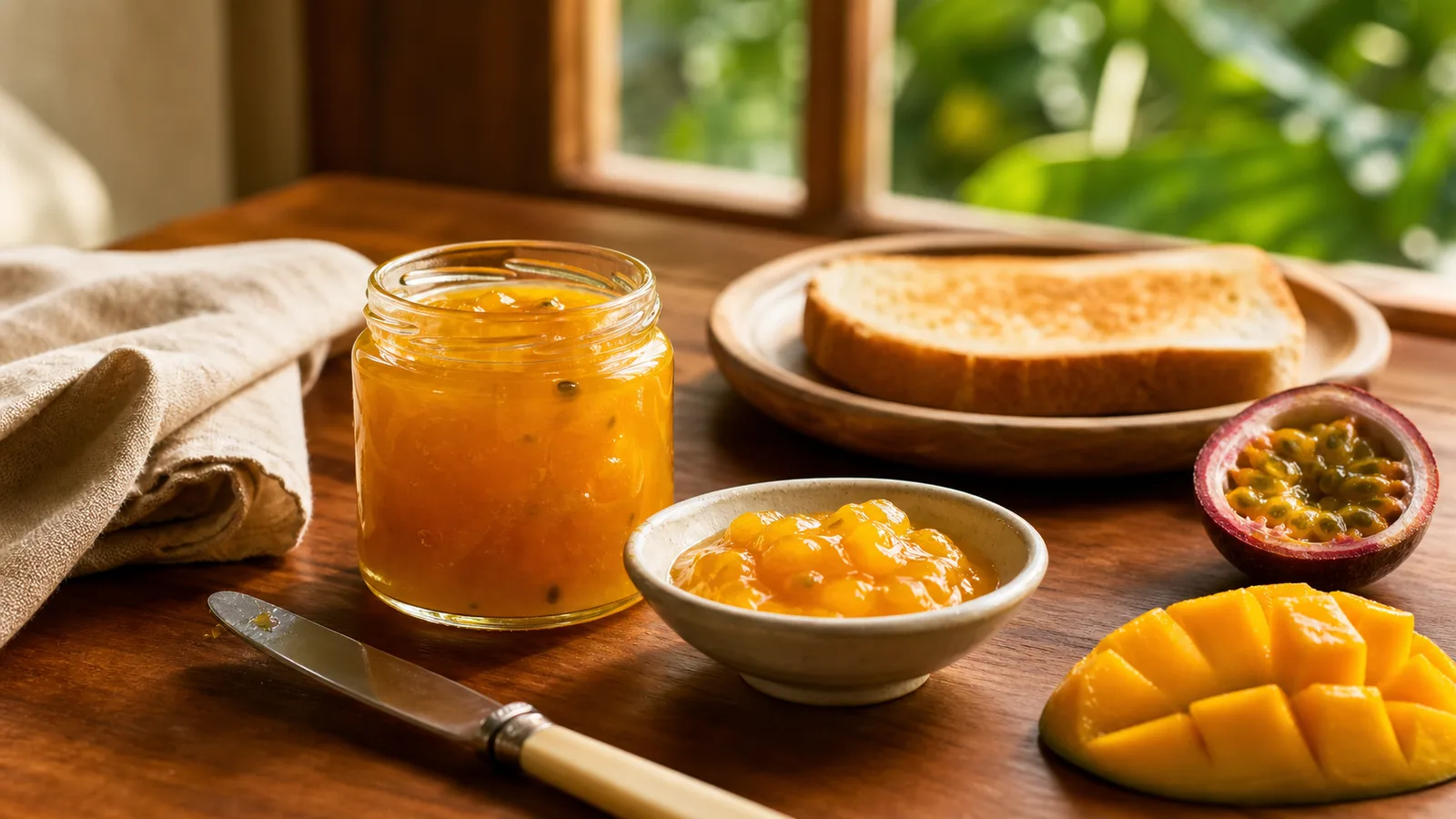 Golden mango and passion fruit spread in an unbranded glass jar on an elegant breakfast table
