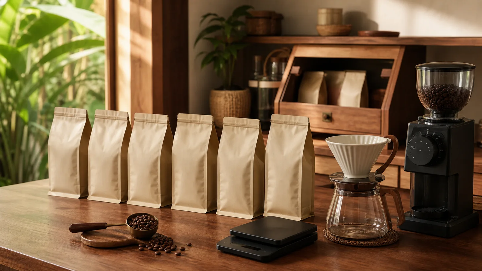 Whole coffee beans beside a grinder, brewer, scale, and six neatly arranged 250 g coffee bags