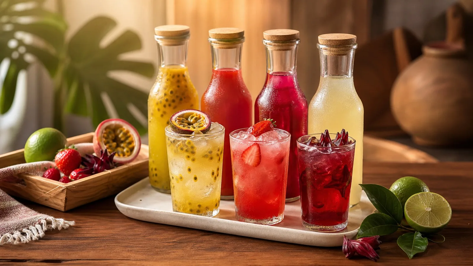 Warm photorealistic cafe tabletop with colorful fruit squash drinks, glass bottles, ice, lime, passion fruit, and a pantry tray